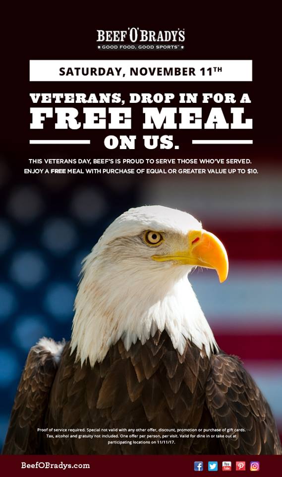 Drop In To Participating Beef 'O' Brady's For A Free Meal This Veterans Day!