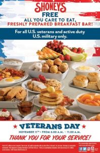 Shoney’s Offers FREE All You Care To Eat, Freshly-Prepared Breakfast Bar on Veterans Day