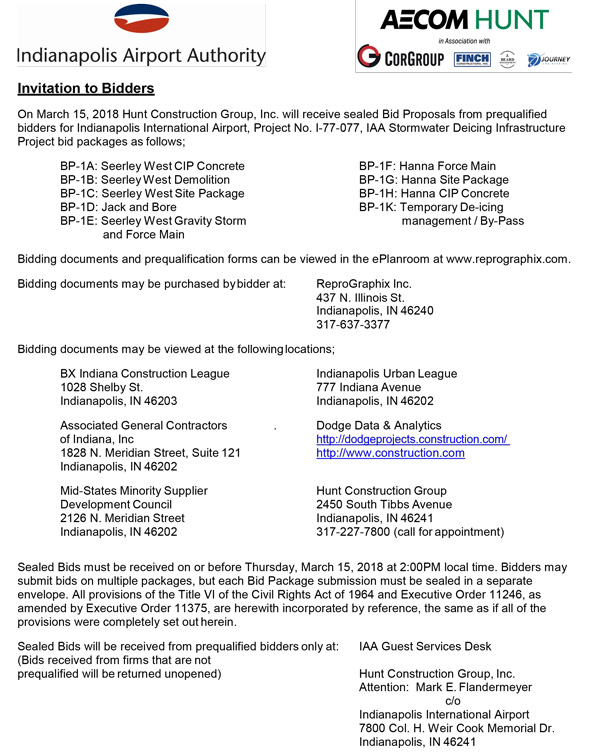 Invitation to Bidders to Bid on Indianapolis Airport Authority Project