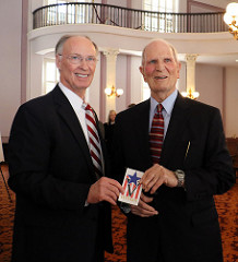 Alabama Gov. Robert Bentley presents new VOB Sticker to Dothan Veteran (WWII) Business Owner Gene Faulkner