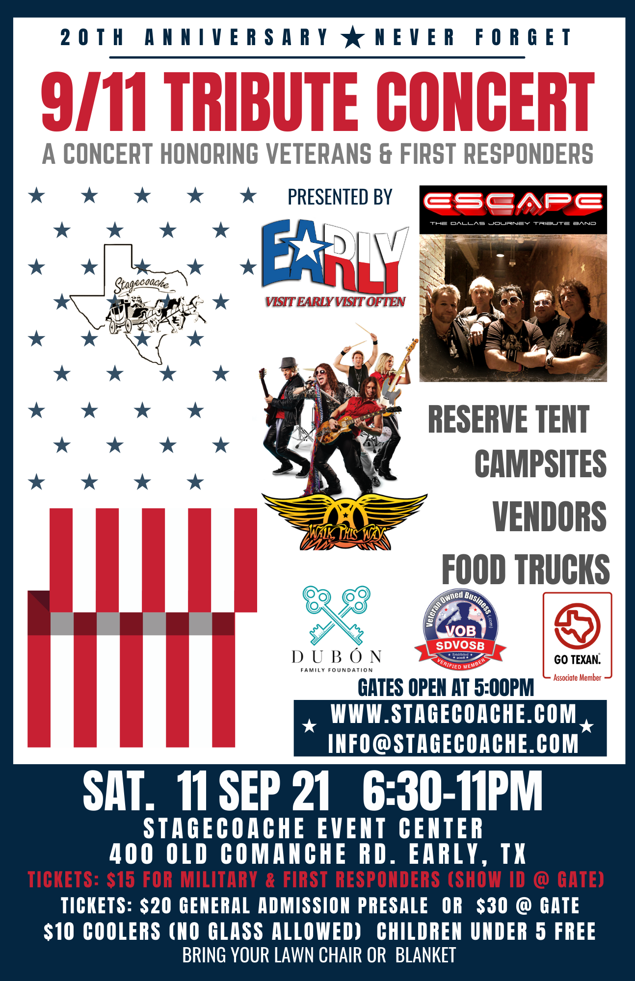 9/11 Tribute Concert on 11 September 2021 in Early Texas - Featuring Escape The Essential Journey Experience and Walk this Way bands. 9/11 Tribute Concert on 11 September 2021 in Early Texas - Featuring Escape The Essential Journey Experience and Walk this Way bands.