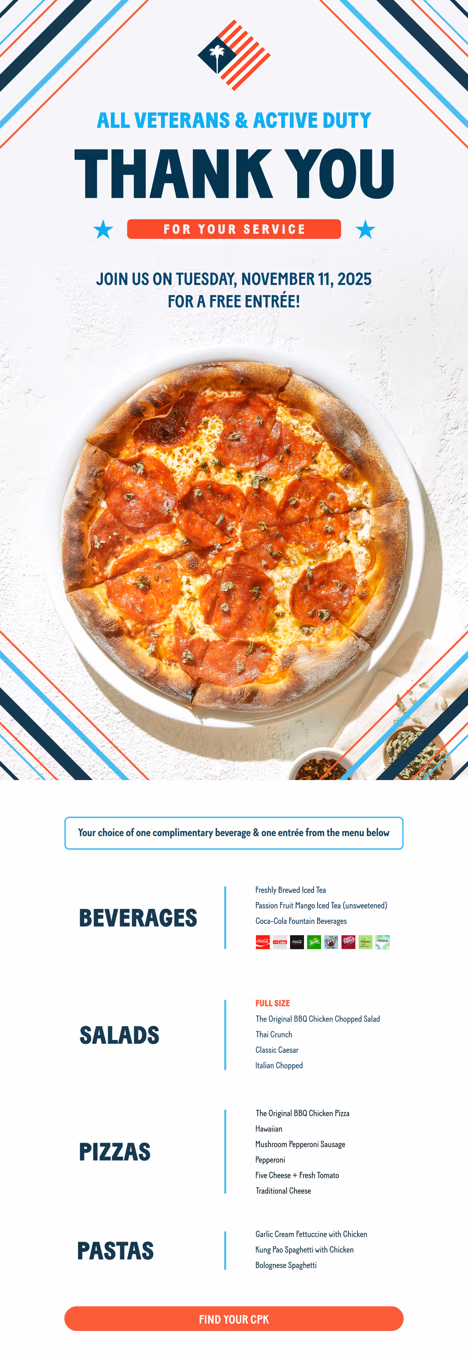 California Pizza Kitchen Veterans Day FREE Entree and (non-alcoholic) Beverage