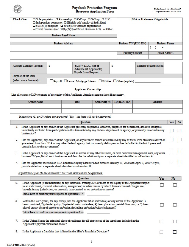 Paycheck Protection Program Borrower Application Form - Veteran Owned Businesses Paycheck Protection Program Borrower Application Form - Veteran Owned Businesses