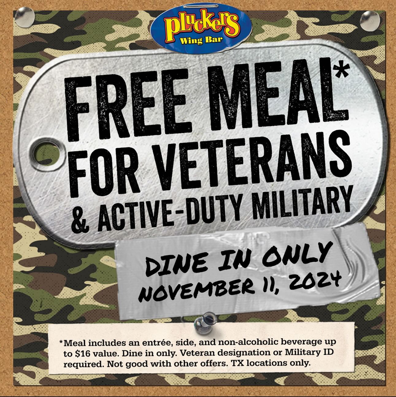 Pluckers Wing Bar Veterans Day FREE Meal